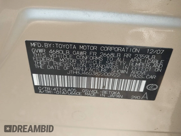 2008 Lexus ES 330 z VIN JTHBJ46G382200922, wystawiony jako IAAI lot #41506772 z przebiegiem 135 180 mil mil oraz . Historia ofert i sprzedaży dostępna na DreamBid. Obrazek 9.
