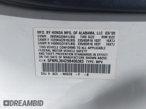 2009 Honda Odyssey EX с VIN 5FNRL38429B406383, выставлен на аукционе IAAI как лот 39823227 с пробегом 106 117 миль миль и . История ставок и продаж доступна на DreamBid. Изображение 9.