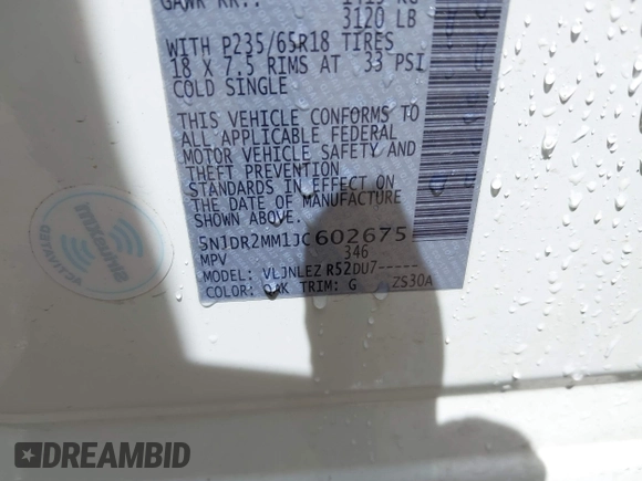 2018 Nissan Pathfinder SL z VIN 5N1DR2MM1JC602675, wystawiony jako IAAI lot #42276794 z przebiegiem 105 163 mil mil oraz . Historia ofert i sprzedaży dostępna na DreamBid. Obrazek 9.