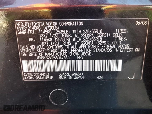 2008 Toyota RAV4 Sport with VIN JTMBK32V986047663, listed as a Copart auction lot 83784084 with 263,851 mi miles and Clean Title. Bid and sale history available at carsss.com. Image 12.