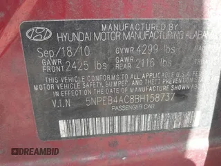 2011 Hyundai Sonata GLS with VIN 5NPEB4AC8BH158737, listed as a IAAI auction lot 42183929 with 221,589 mi miles. Bid and sale history available at carsss.com. Image 9.