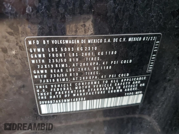 2022 Volkswagen Tiguan SE R-Line Black with VIN 3VV8B7AX2NM148304, listed as a Copart auction lot 81351484 with 46,348 mi miles and Salvage Title. Bid and sale history available at DreamBid. Image 12.