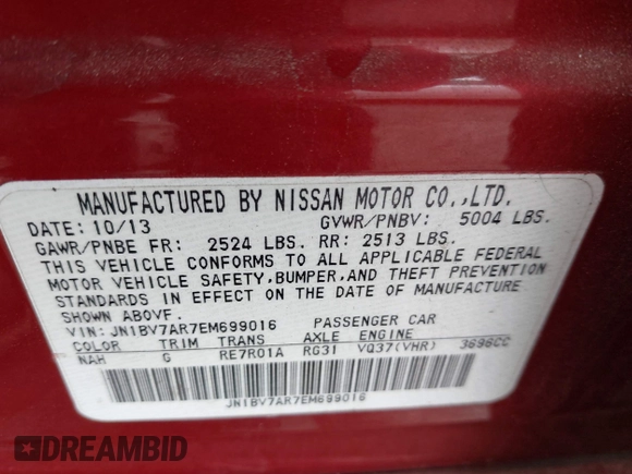 2014 Infiniti Q50 Premium with VIN JN1BV7AR7EM699016, listed as a IAAI auction lot 41858326 with 222,127 mi miles. Bid and sale history available at carsss.com. Image 9.