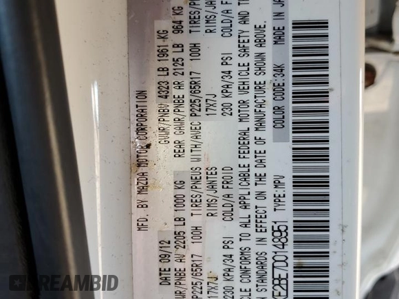 2013 Mazda CX-5 Sport with VIN JM3KE2BE7D0148951, listed as a Copart auction lot 57782115 with 65,677 mi miles and Salvage title. Bid and sale history available at DreamBid. Image 12.