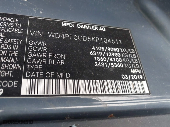 2019 Mercedes-Benz Sprinter Cargo Van with VIN WD4PF0CD5KP104611, listed as a IAAI auction lot 41256118 with 75,514 mi miles. Bid and sale history available at carsss.com. Image 9.