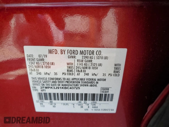 2019 Ford Edge SEL with VIN 2FMPK3J91KBC43725, listed as a Copart auction lot 56749525 with 62,858 mi miles and Salvage title. Bid and sale history available at DreamBid. Image 13.