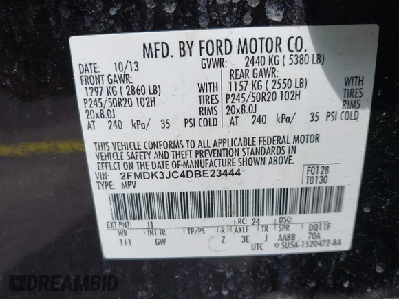 2013 Ford Edge SEL with VIN 2FMDK3JC4DBE23444, listed as a IAAI auction lot 41865897 with 169,894 mi miles. Bid and sale history available at carsss.com. Image 9.