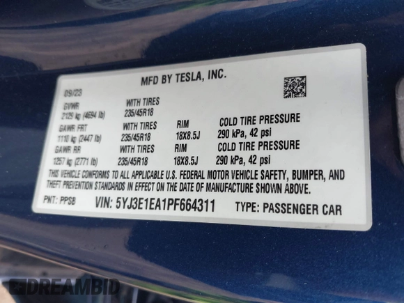 2023 Tesla Model 3 with VIN 5YJ3E1EA1PF664311, listed as a IAAI auction lot 41839591 with 17,416 mi miles and . Bid and sale history available at carsss.com. Image 9.