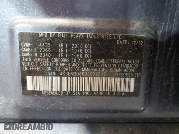 2013 Subaru Legacy Premium with VIN 4S3BMBB66D3029517, listed as a Copart auction lot 63698585 with 176,868 mi miles and Clean title. Bid and sale history available at DreamBid. Image 12.
