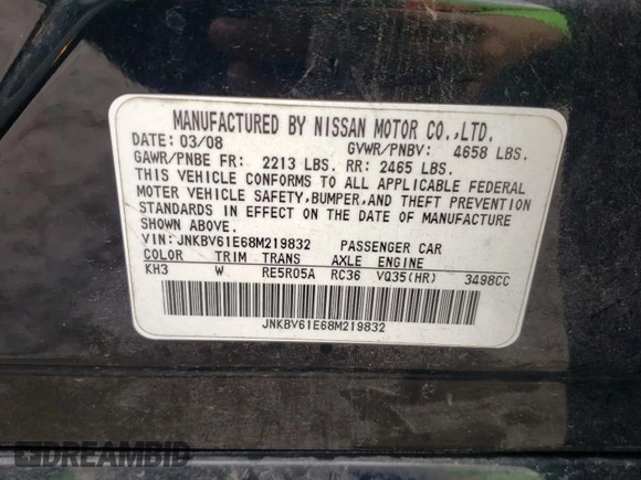 2008 Infiniti G35 Journey with VIN JNKBV61E68M219832, listed as a Copart auction lot 59196895 with Not provided miles and Salvage title. Bid and sale history available at DreamBid. Image 12.