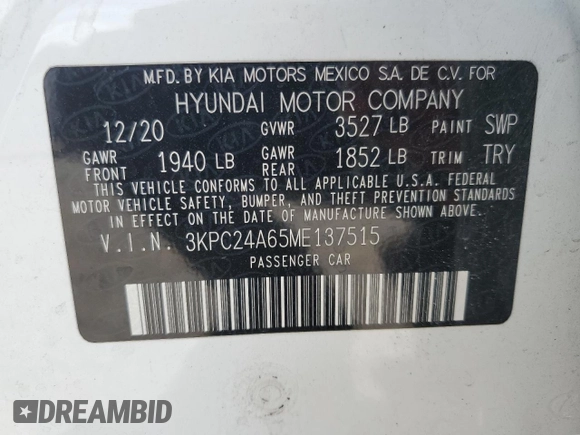2021 Hyundai Accent SEL with VIN 3KPC24A65ME137515, listed as a Copart auction lot 53402215 with 39,882 mi miles and Salvage title. Bid and sale history available at DreamBid. Image 14.