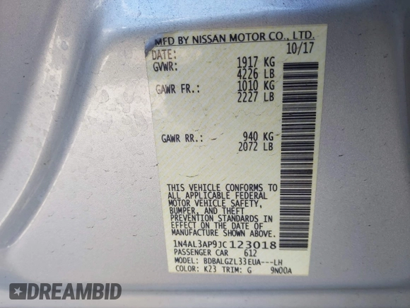 2018 Nissan Altima SV with VIN 1N4AL3AP9JC123018, listed as a IAAI auction lot 41483210 with 93,388 mi miles and . Bid and sale history available at carsss.com. Image 9.