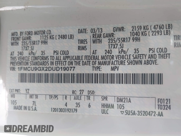 2013 Ford Escape SE with VIN 1FMCU9GX2DUD19077, listed as a IAAI auction lot 41578028 with 124,890 mi miles. Bid and sale history available at carsss.com. Image 9.