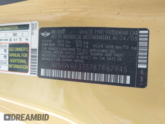 2008 MINI Convertible z VIN WMWRF33578TF67945, wystawiony jako IAAI lot #42315750 z przebiegiem 110 340 mil mil oraz . Historia ofert i sprzedaży dostępna na DreamBid. Obrazek 9.