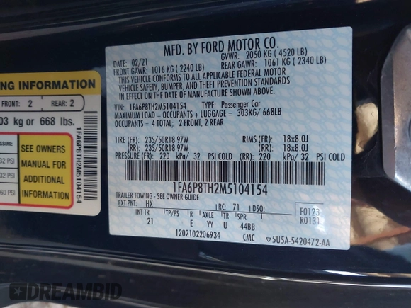 2021 Ford Mustang EcoBoost with VIN 1FA6P8TH2M5104154, listed as a IAAI auction lot 41869810 with 15,561 mi miles and . Bid and sale history available at DreamBid. Image 9.