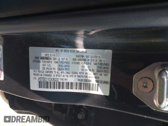 2014 Mazda CX-9 Touring with VIN JM3TB3CV1E0435222, listed as a IAAI auction lot 42452947 with Not provided miles and . Bid and sale history available at DreamBid. Image 9.