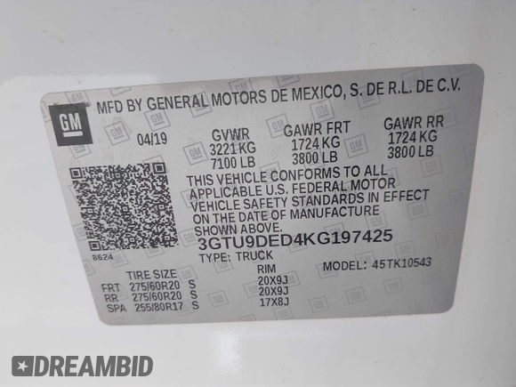 2019 GMC Sierra 1500 SLT z VIN 3GTU9DED4KG197425, wystawiony jako IAAI lot #42105713 z przebiegiem 103 061 mil mil oraz . Historia ofert i sprzedaży dostępna na DreamBid. Obrazek 9.