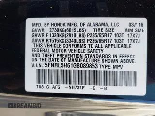 2016 Honda Odyssey EX-L with VIN 5FNRL5H61GB089853, listed as a IAAI auction lot 42019081 with 81,317 mi miles and . Bid and sale history available at DreamBid. Image 9.