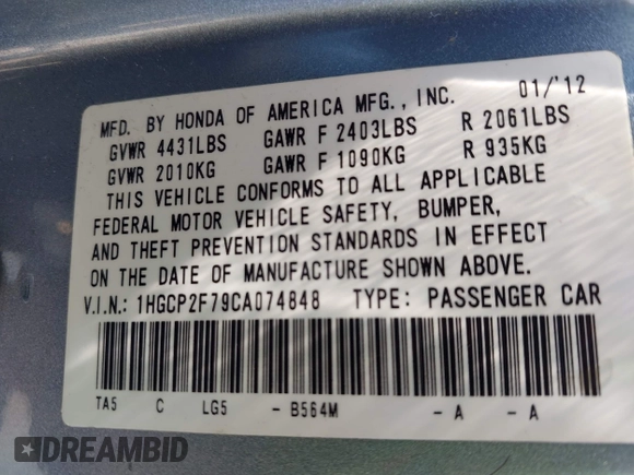 2012 Honda Accord EX с VIN 1HGCP2F79CA074848, выставлен на аукционе IAAI как лот 42585210 с пробегом 144 310 миль миль и . История ставок и продаж доступна на DreamBid. Изображение 9.