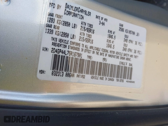 2005 Dodge Caravan SXT with VIN 2D4GP44L75R167901, listed as a IAAI auction lot 42314293 with Not provided miles and . Bid and sale history available at DreamBid. Image 9.