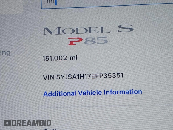 2014 Tesla Model S 60 with VIN 5YJSA1H17EFP35351, listed as a IAAI auction lot 41558434 with 151,002 mi miles and . Bid and sale history available at DreamBid. Image 16.