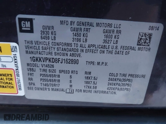 2015 GMC Acadia SLE with VIN 1GKKVPKD8FJ162890, listed as a IAAI auction lot 41268320 with 185,032 mi miles. Bid and sale history available at carsss.com. Image 9.