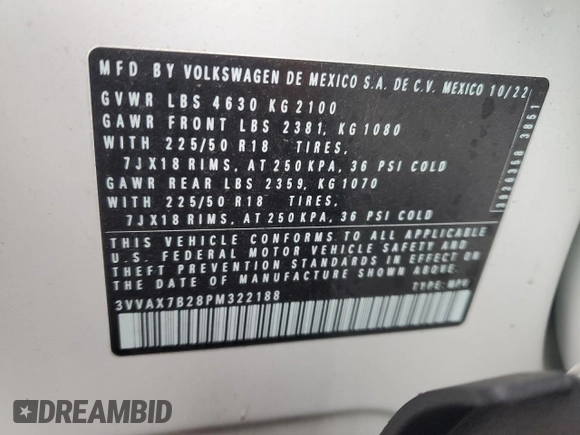 2023 Volkswagen Taos S с VIN 3VVAX7B28PM322188, выставлен на аукционе Copart как лот 43559395 с пробегом 16 980 миль миль и На запчасти • Non repairable. История ставок и продаж доступна на DreamBid. Изображение 15.