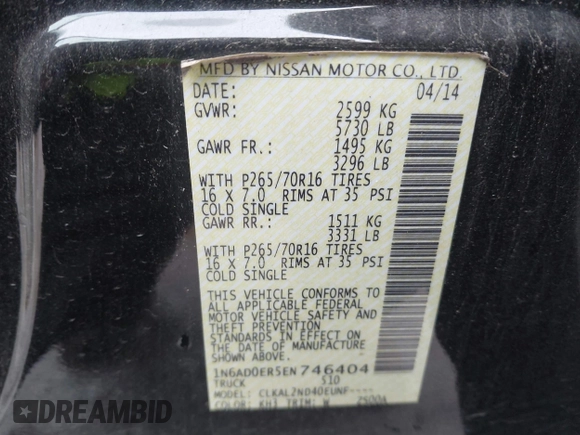 2014 Nissan Frontier SV with VIN 1N6AD0ER5EN746404, listed as a IAAI auction lot 41465263 with 113,465 mi miles and . Bid and sale history available at DreamBid. Image 9.