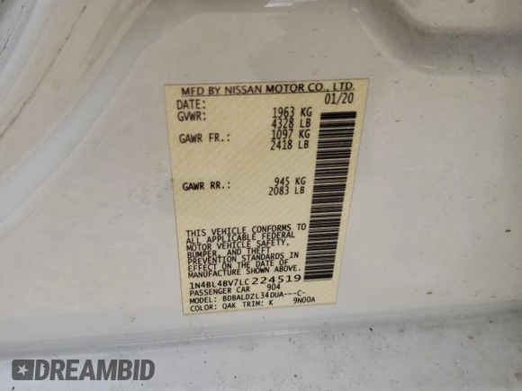 2020 Nissan Altima S with VIN 1N4BL4BV7LC224519, listed as a Copart auction lot 52823265 with 145,328 mi miles and Clean Title. Bid and sale history available at carsss.com. Image 13.