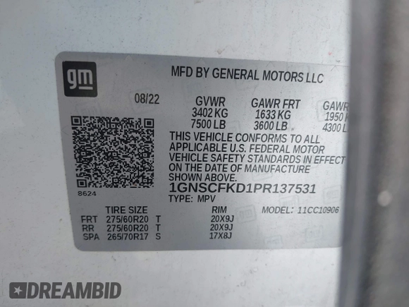 2023 Chevrolet Suburban Premier с VIN 1GNSCFKD1PR137531, выставлен на аукционе IAAI как лот 42698848 с пробегом 69 410 миль миль и . История ставок и продаж доступна на DreamBid. Изображение 9.