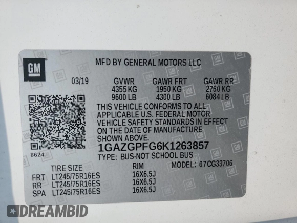 2019 Chevrolet Express Passenger LT with VIN 1GAZGPFG6K1263857, listed as a Copart auction lot 58987635 with 127,347 mi miles and Salvage title. Bid and sale history available at DreamBid. Image 13.