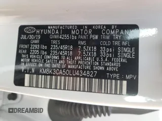 2020 Hyundai Kona Limited with VIN KM8K3CA50LU434827, listed as a Copart auction lot 69276332 with 6,019 mi miles. Bid and sale history available at carsss.com. Image 13.