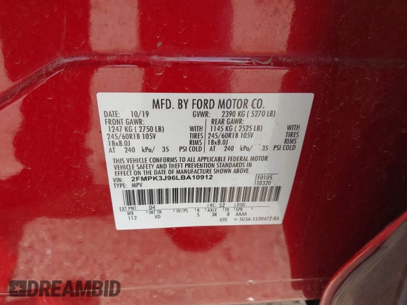 2020 Ford Edge SEL z VIN 2FMPK3J96LBA10912, wystawiony jako IAAI lot #42144667 z przebiegiem 88 722 mil mil oraz . Historia ofert i sprzedaży dostępna na DreamBid. Obrazek 9.