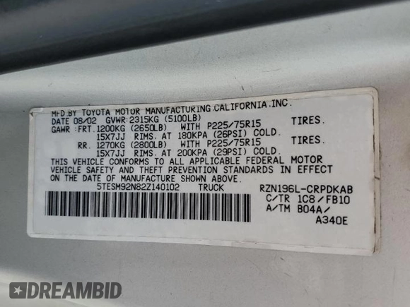 2002 Toyota Tacoma PreRunner with VIN 5TESM92N82Z140102, listed as a Copart auction lot 57904865 with 352,308 mi miles and Salvage title. Bid and sale history available at DreamBid. Image 12.