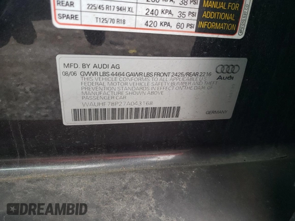 2007 Audi A3 with VIN WAUHF78P27A043168, listed as a Copart auction lot 83218044 with 182,598 mi miles and Salvage title. Bid and sale history available at DreamBid. Image 12.