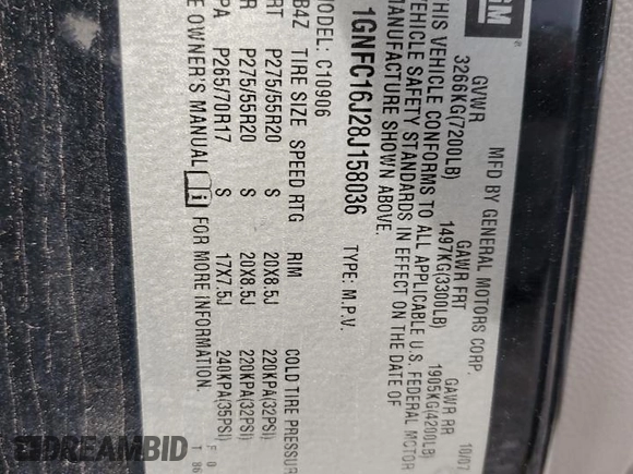 2008 Chevrolet Suburban 3LT z VIN 1GNFC16J28J158036, wystawiony jako Copart lot #83889104 z przebiegiem 189 822 mil mil oraz Szkoda całkowita • Salvage title. Historia ofert i sprzedaży dostępna na DreamBid. Obrazek 12.