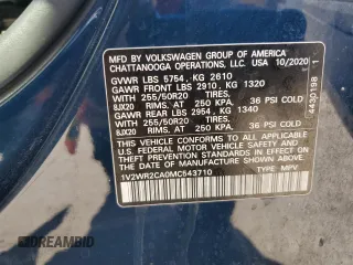 2021 Volkswagen Atlas SE z VIN 1V2WR2CA0MC543710, wystawiony jako Copart lot #54196735 z przebiegiem Nie podano mil oraz Szkoda całkowita • Salvage title. Historia ofert i sprzedaży dostępna na DreamBid. Obrazek 13.