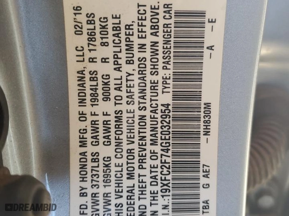 2016 Honda Civic Sedan EX with VIN 19XFC2F74GE032954, listed as a Copart auction lot 45344275 with 125,016 mi miles and Salvage Title. Bid and sale history available at carsss.com. Image 12.
