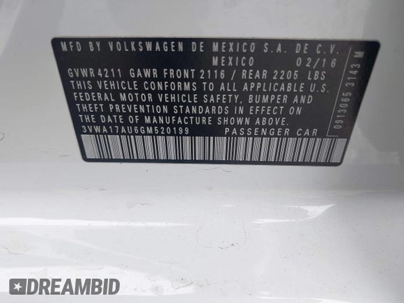 2016 Volkswagen Golf SportWagen S with VIN 3VWA17AU6GM520199, listed as a IAAI auction lot 41339000 with 158,190 mi miles. Bid and sale history available at carsss.com. Image 9.