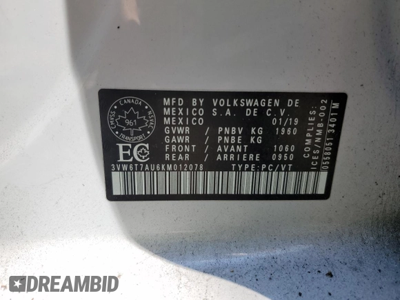 2019 Volkswagen GTI S z VIN 3VW6T7AU6KM012078, wystawiony jako Copart lot #57397505 z przebiegiem 47 324 mil mil oraz Szkoda całkowita • Salvage title. Historia ofert i sprzedaży dostępna na DreamBid. Obrazek 13.