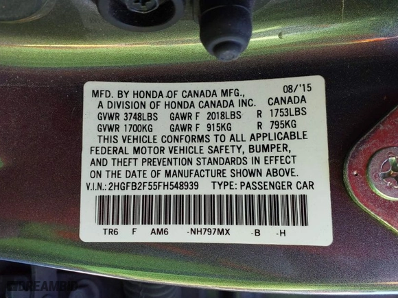 2015 Honda Civic Sedan LX with VIN 2HGFB2F55FH548939, listed as a IAAI auction lot 41592621 with 0 mi miles. Bid and sale history available at carsss.com. Image 9.