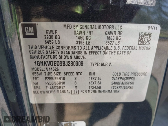 2011 Chevrolet Traverse 1LT with VIN 1GNKVGED9BJ280908, listed as a IAAI auction lot 42096297 with 161,047 mi miles and . Bid and sale history available at DreamBid. Image 9.