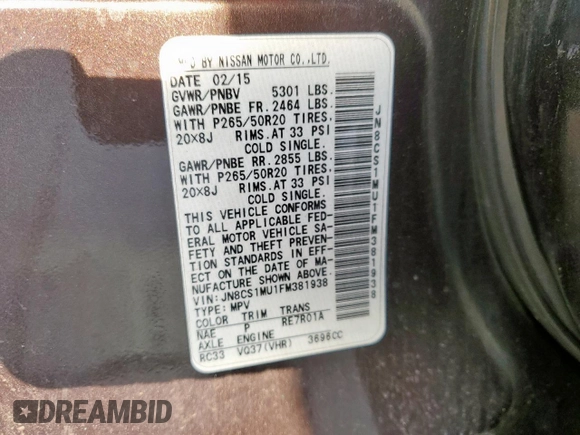 2015 Infiniti QX70 with VIN JN8CS1MU1FM381938, listed as a Copart auction lot 53502405 with Not provided miles and Salvage title. Bid and sale history available at DreamBid. Image 12.