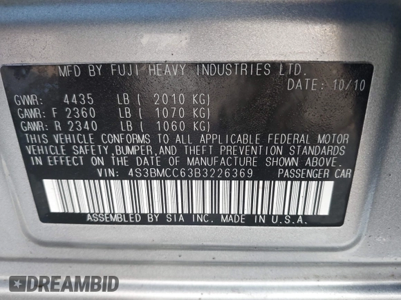 2011 Subaru Legacy Premium with VIN 4S3BMCC63B3226369, listed as a IAAI auction lot 41609249 with 63,597 mi miles and . Bid and sale history available at DreamBid. Image 9.