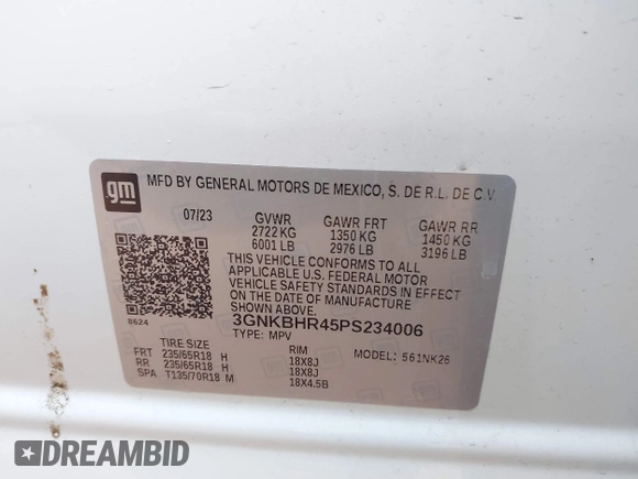 2023 Chevrolet Blazer LT with VIN 3GNKBHR45PS234006, listed as a IAAI auction lot 41927800 with 57,610 mi miles and . Bid and sale history available at DreamBid. Image 9.