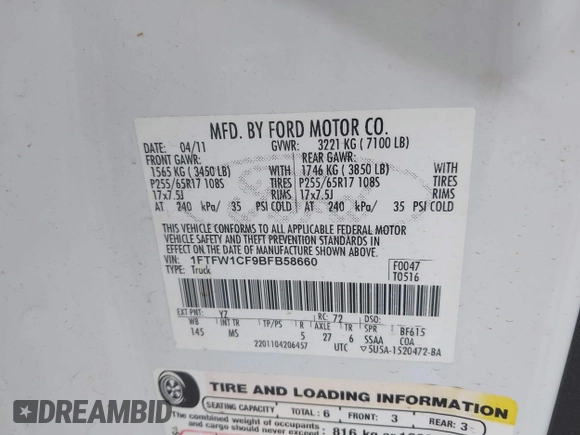 2011 Ford F-150 XL with VIN 1FTFW1CF9BFB58660, listed as a IAAI auction lot 41922884 with 136,874 mi miles and . Bid and sale history available at DreamBid. Image 9.