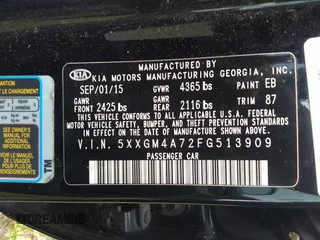 2015 Kia Optima LX with VIN 5XXGM4A72FG513909, listed as a IAAI auction lot 41686610 with 139,524 mi miles. Bid and sale history available at carsss.com. Image 9.