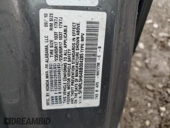 2011 Honda Odyssey EX-L with VIN 5FNRL5H64BB004285, listed as a Copart auction lot 50026215 with Not Provided miles and Salvage Title. Bid and sale history available at carsss.com. Image 13.