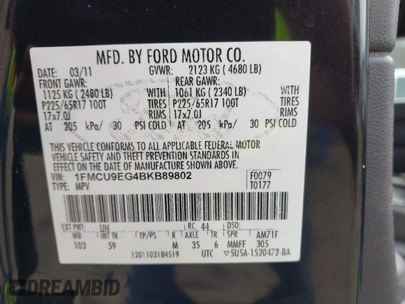 2011 Ford Escape Limited with VIN 1FMCU9EG4BKB89802, listed as a IAAI auction lot 41723632 with 265,092 mi miles. Bid and sale history available at carsss.com. Image 9.