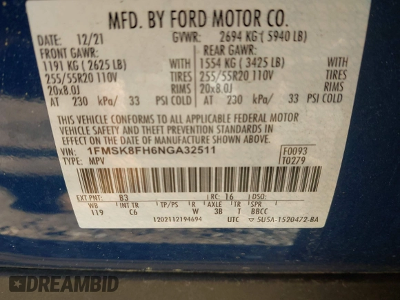 2022 Ford Explorer Limited with VIN 1FMSK8FH6NGA32511, listed as a IAAI auction lot 41982706 with 60,618 mi miles. Bid and sale history available at carsss.com. Image 9.